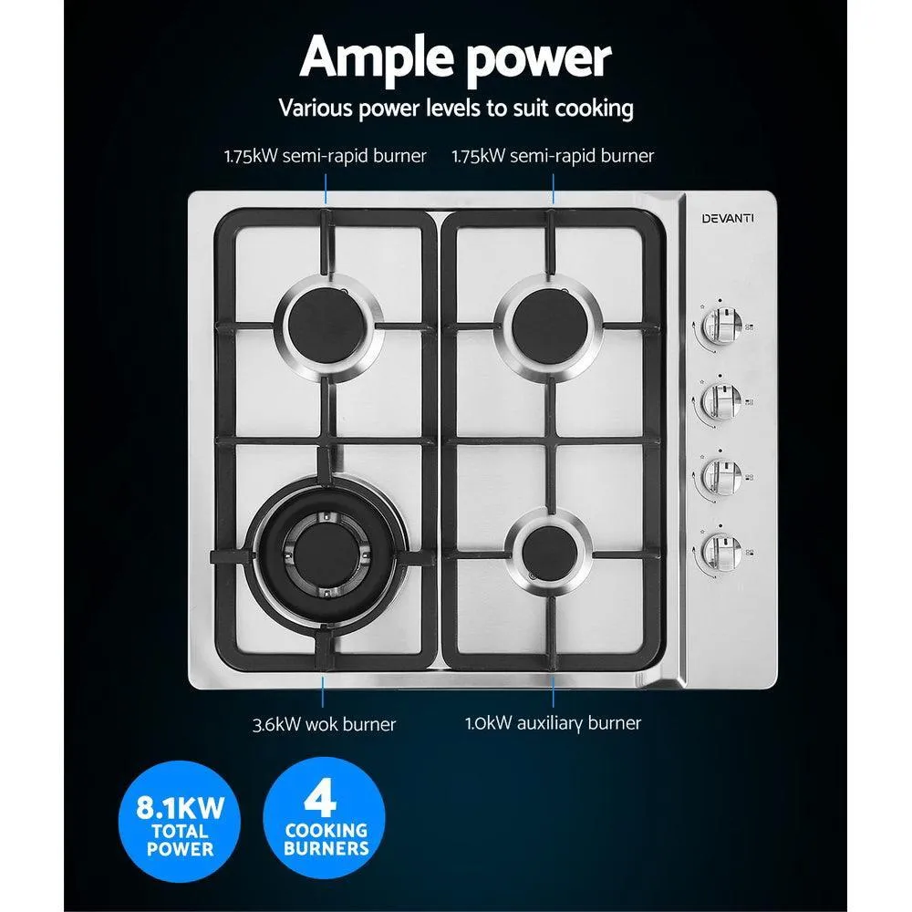 Devanti Gas Cooktop 60cm Kitchen Stove 4 Burner Cook Top NG LPG Stainless Steel Silver