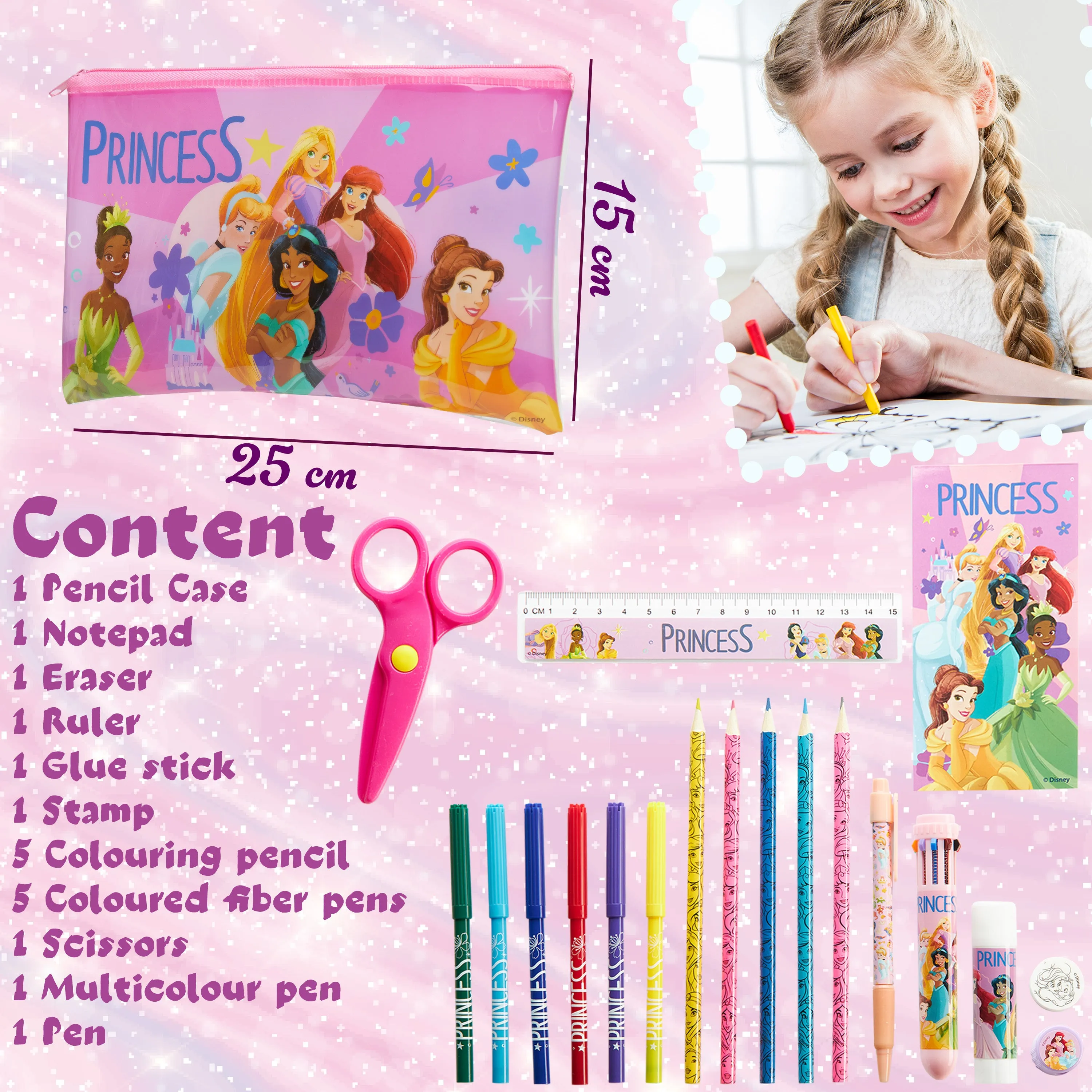 Disney Princess Kids Pencil Case with Cute Stationery Included