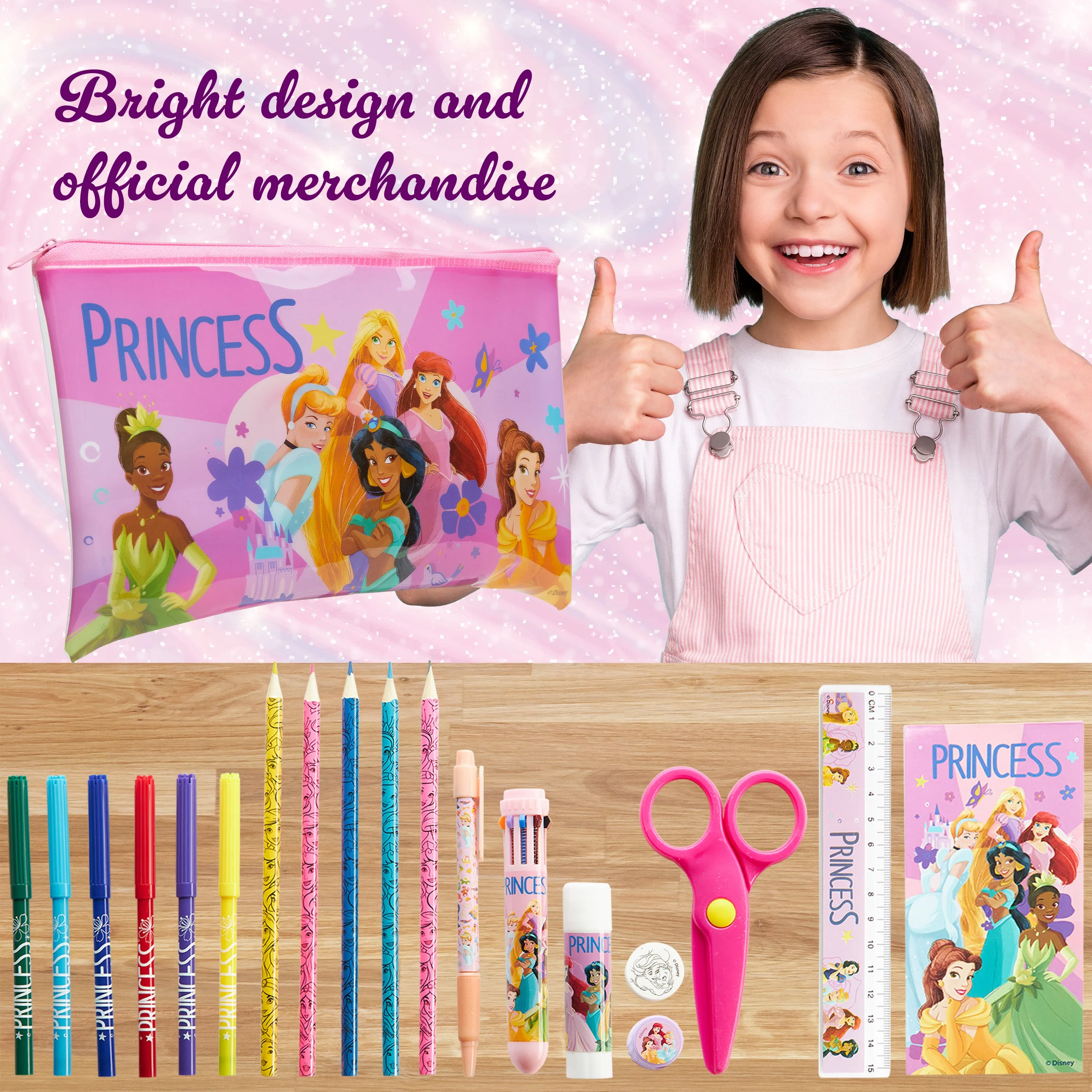 Disney Princess Kids Pencil Case with Cute Stationery Included