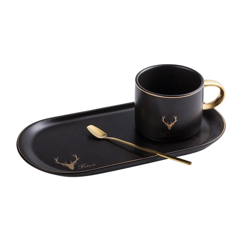 European Luxurious Gold Rim Ceramics Coffee Cups And Saucers Spoon Sets