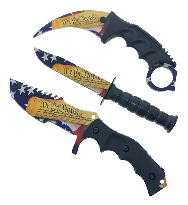 Falcon 3 PCS We the People Set. Tactical Knives & Karambit