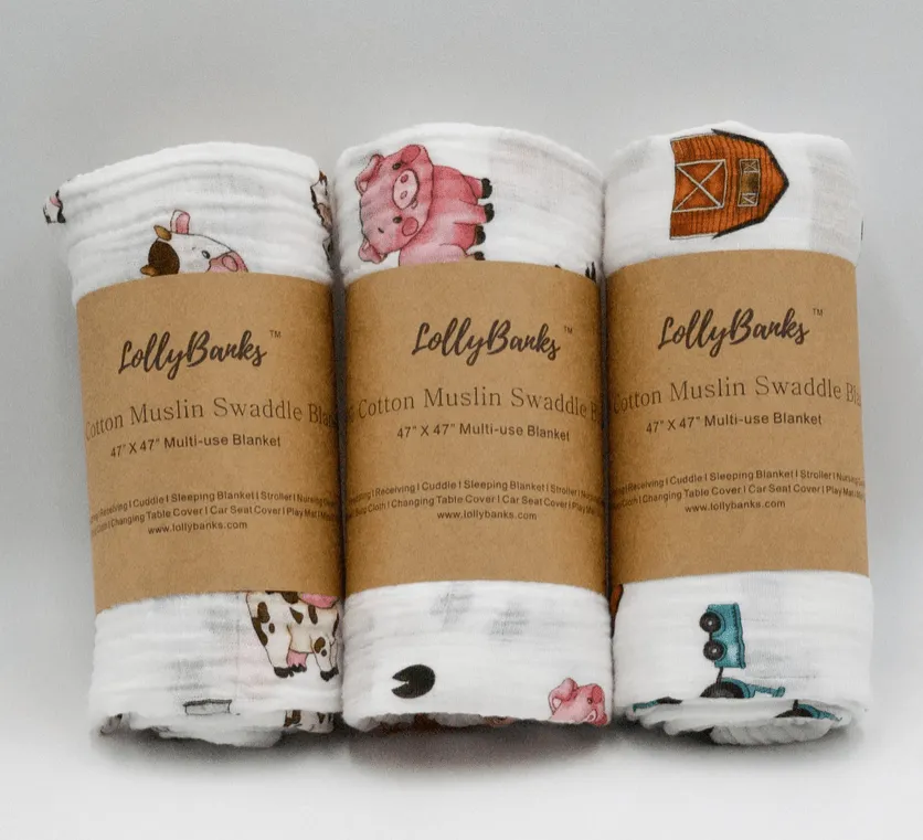 Farm Scene Set of Muslin Swaddle Blankets by LollyBanks- Pig, Cow, Tractor