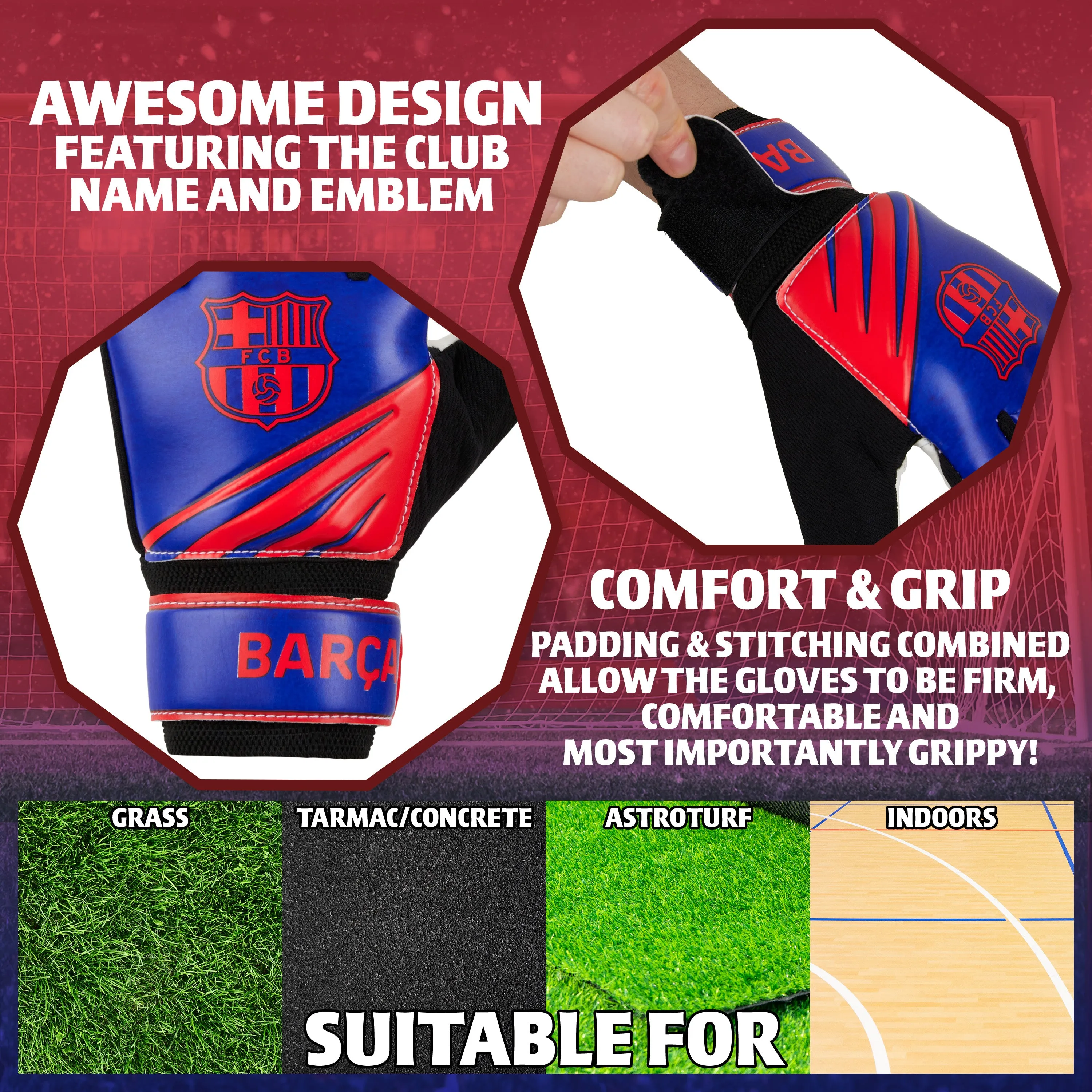 FC Barcelona Goalkeeper Gloves for Kids and Teenagers - Size 5