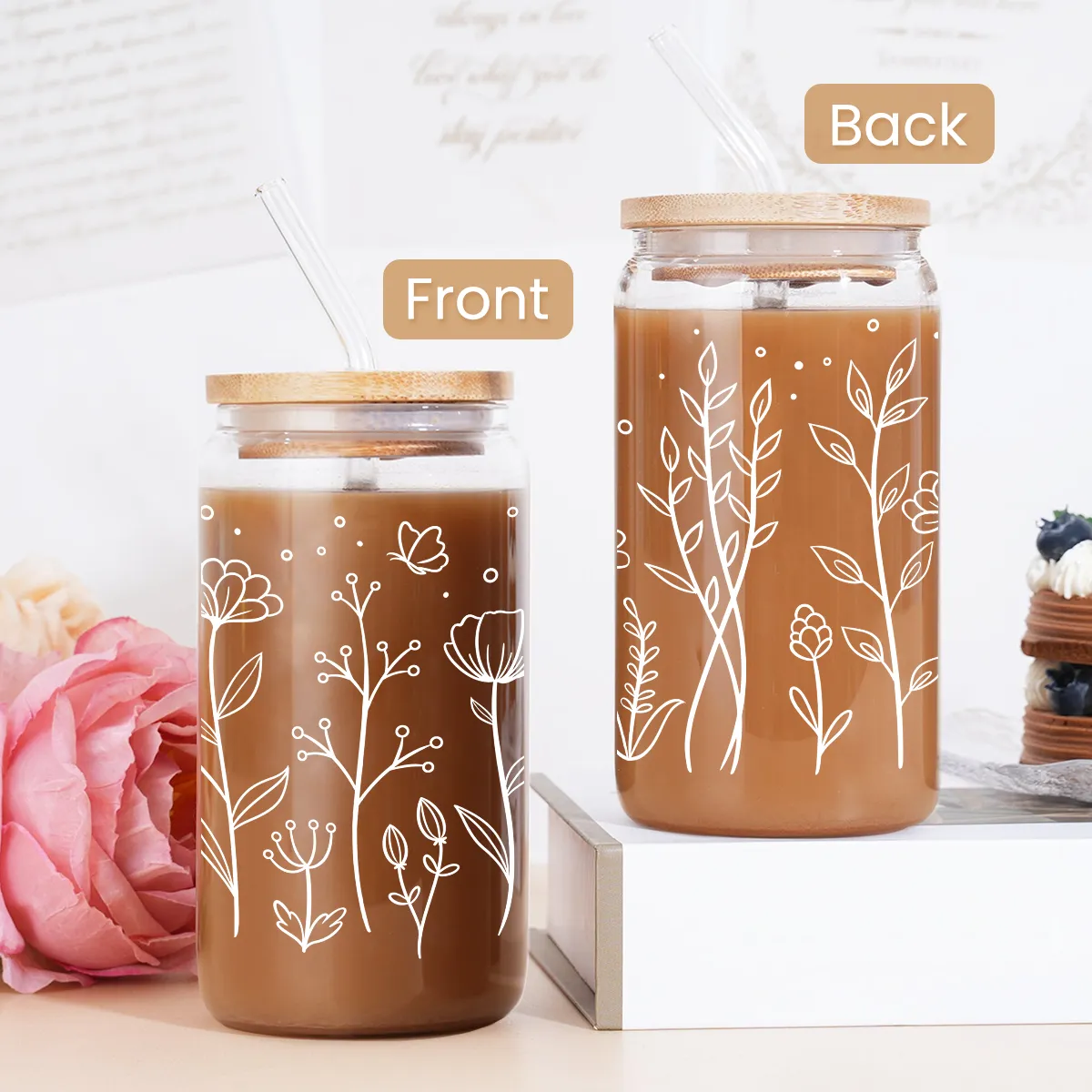 Floral Cup 16 Oz Can Glass with Bamboo Lid and Straw - Wildflower Drinking Coffee Glass Cup Gifts for Women