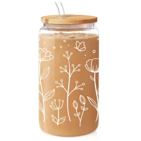 Floral Cup 16 Oz Can Glass with Bamboo Lid and Straw - Wildflower Drinking Coffee Glass Cup Gifts for Women