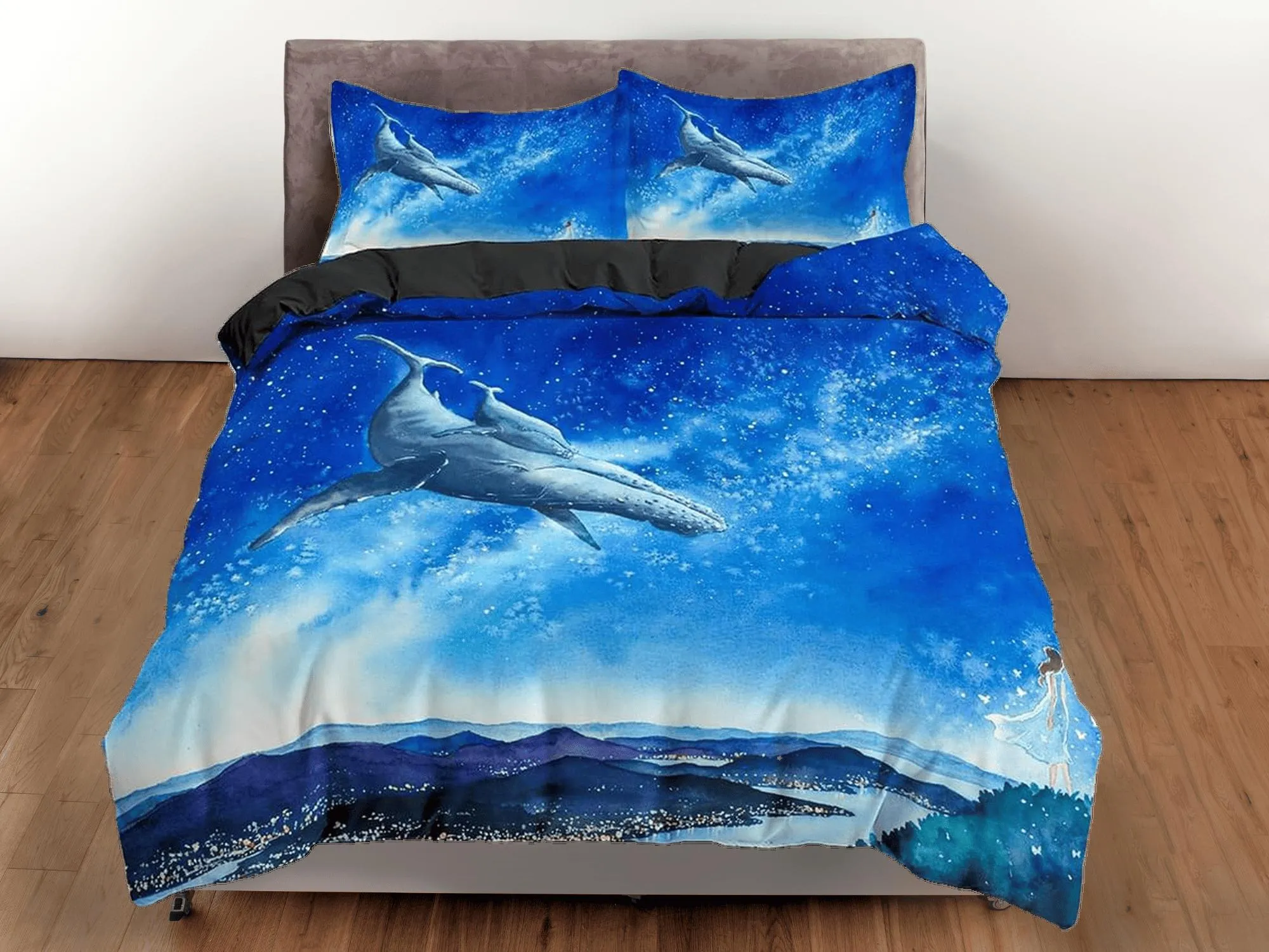 Flying whale bedding sky blue duvet cover, galaxy bedding set full king queen twin, college dorm bedding, celestial bedding gift