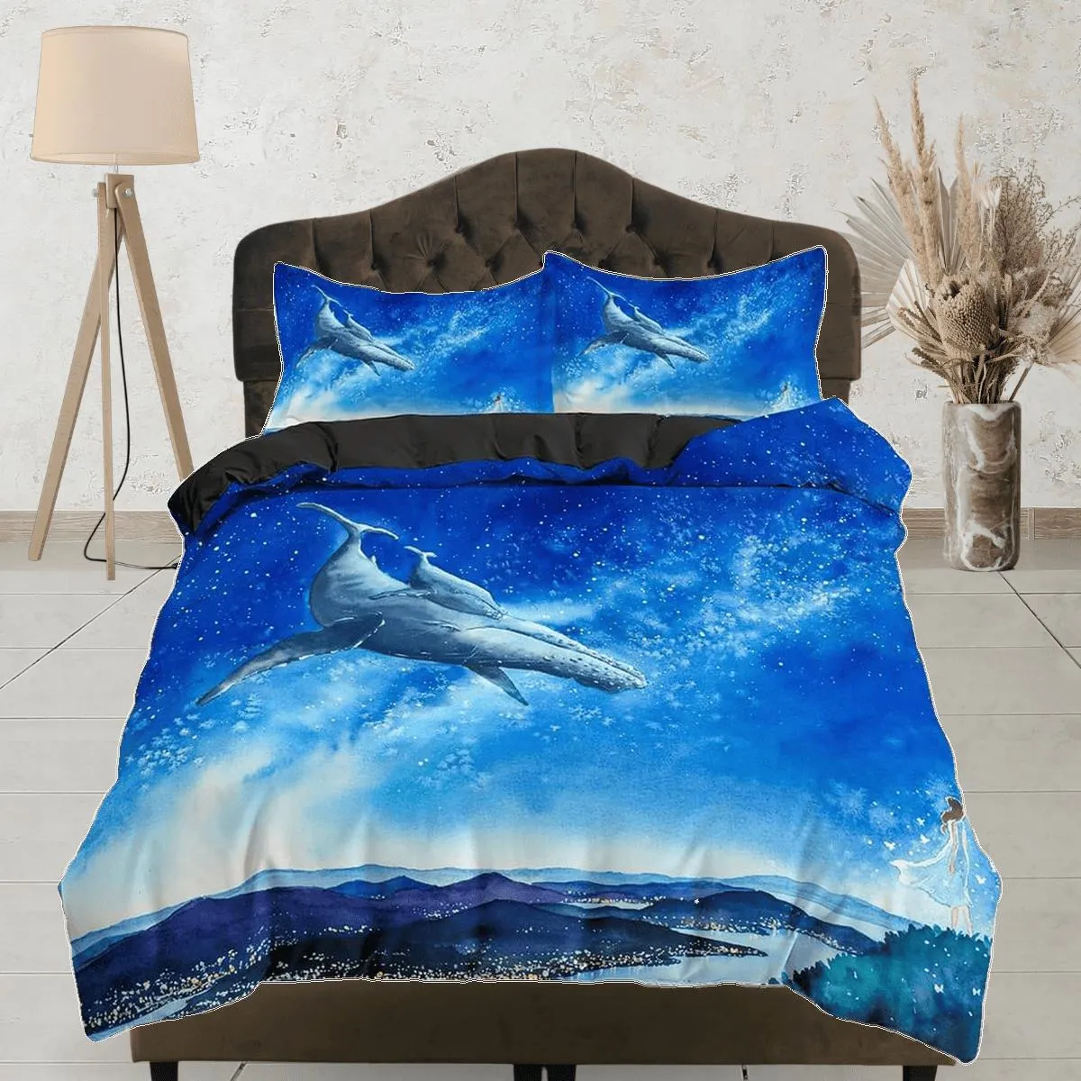 Flying whale bedding sky blue duvet cover, galaxy bedding set full king queen twin, college dorm bedding, celestial bedding gift