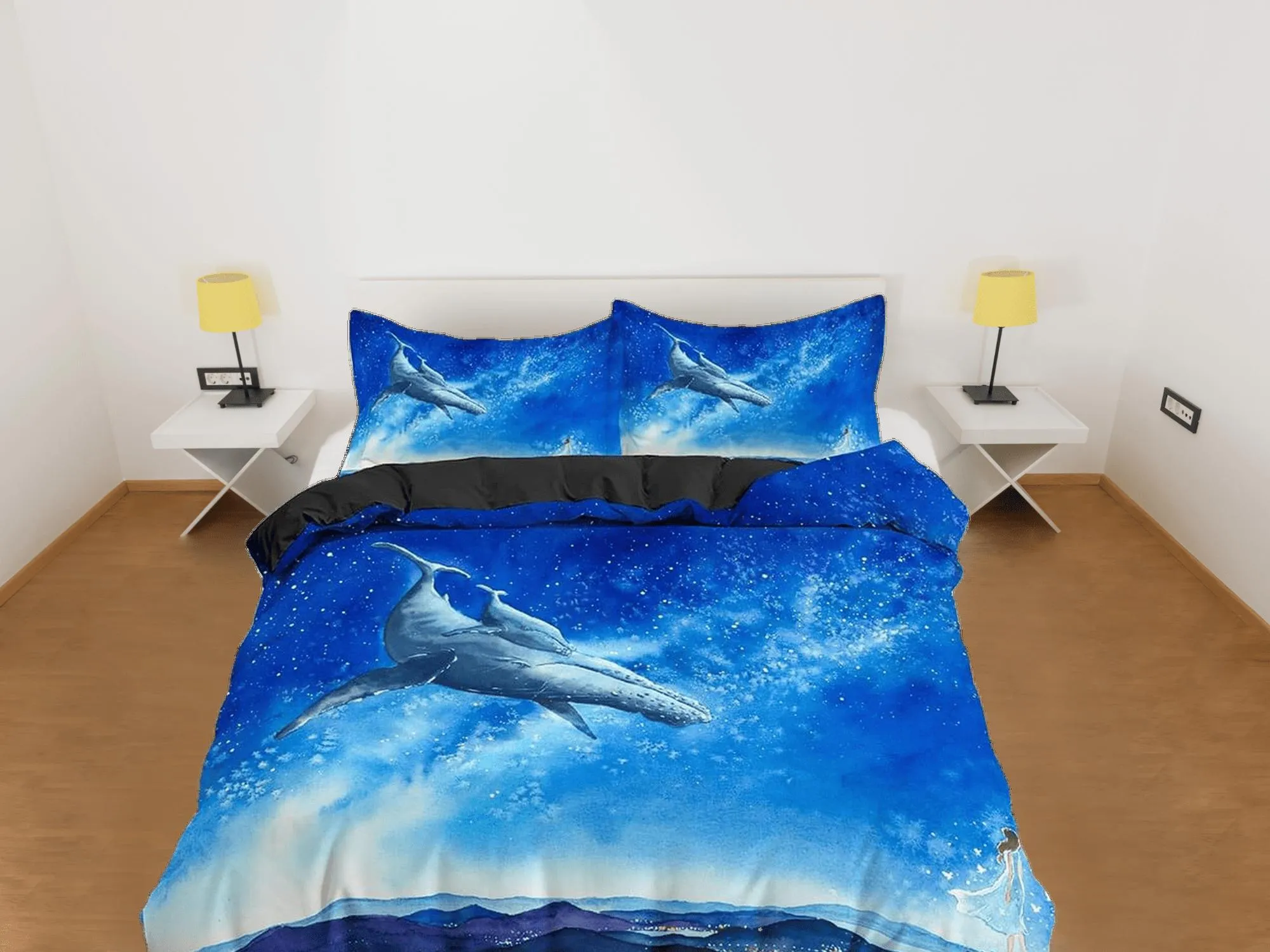 Flying whale bedding sky blue duvet cover, galaxy bedding set full king queen twin, college dorm bedding, celestial bedding gift