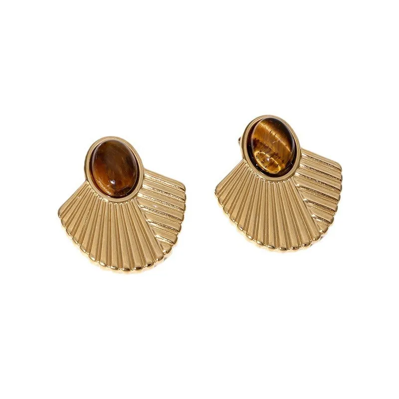 French Vintage Fan-Shape Geometric Stainless Steel Electroplating Stud Earrings