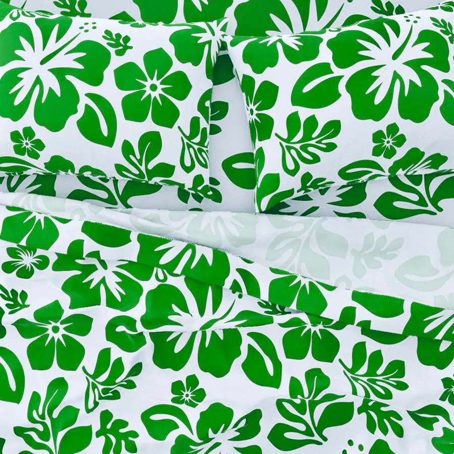 Fresh Green Hawaiian Flowers on White Sheet Set from Surfer Bedding™️ Medium Scale