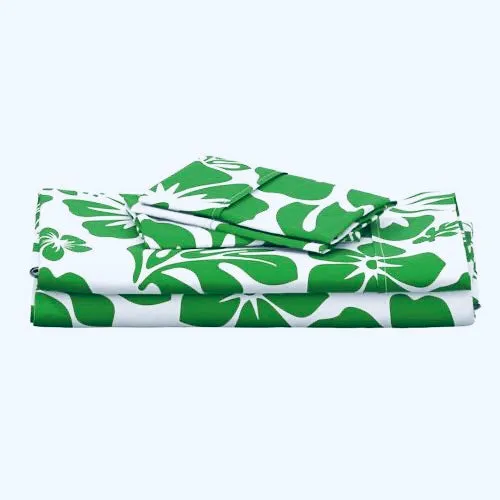 Fresh Green Hawaiian Flowers on White Sheet Set from Surfer Bedding™️ Medium Scale