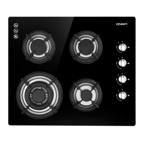 Gas Cooktop 60cm 4 Burner Glass Cooker Stove Hob NG LPG Black