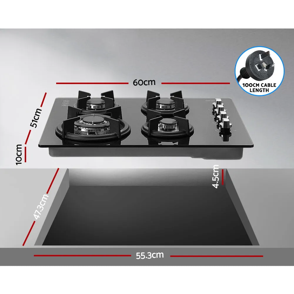 Gas Cooktop 60cm 4 Burner Glass Cooker Stove Hob NG LPG Black