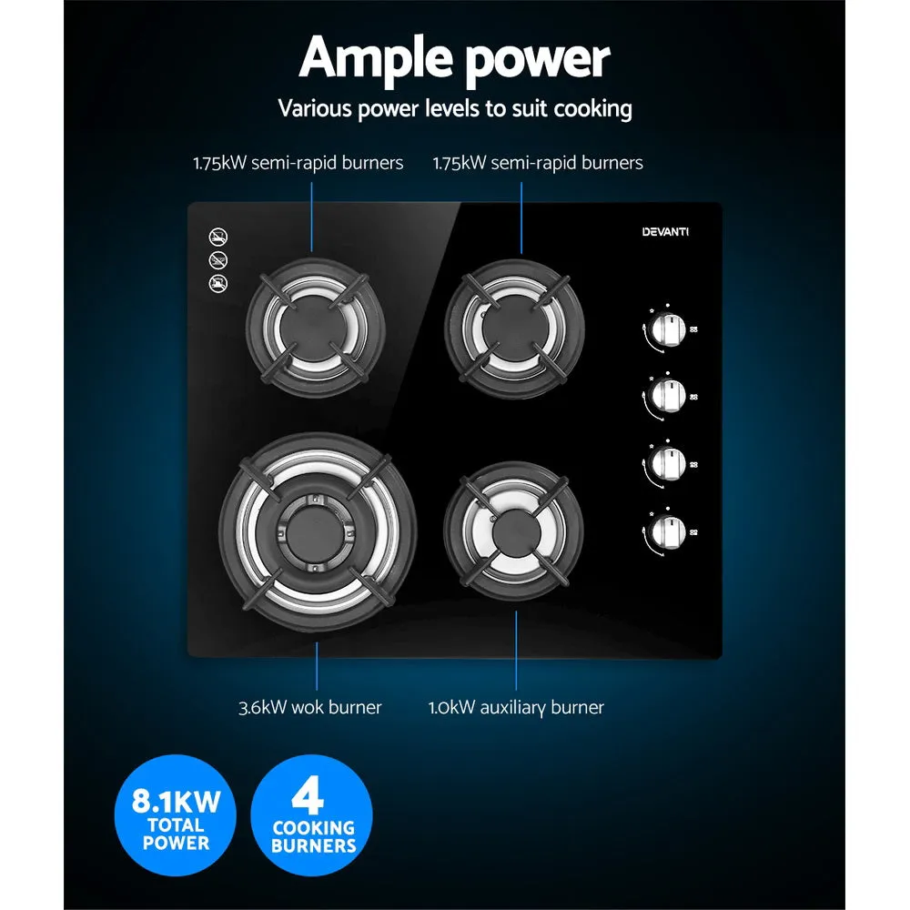 Gas Cooktop 60cm 4 Burner Glass Cooker Stove Hob NG LPG Black