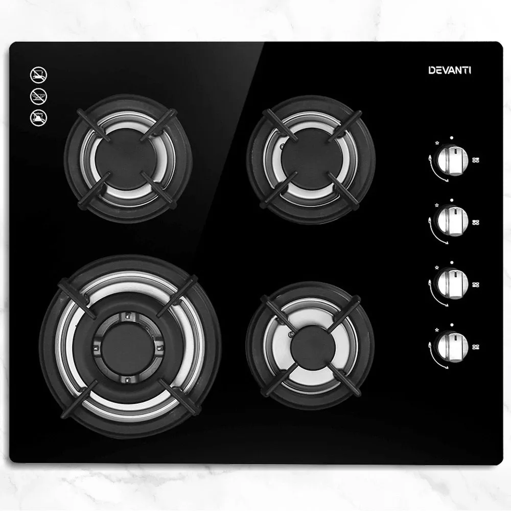 Gas Cooktop 60cm 4 Burner Glass Cooker Stove Hob NG LPG Black