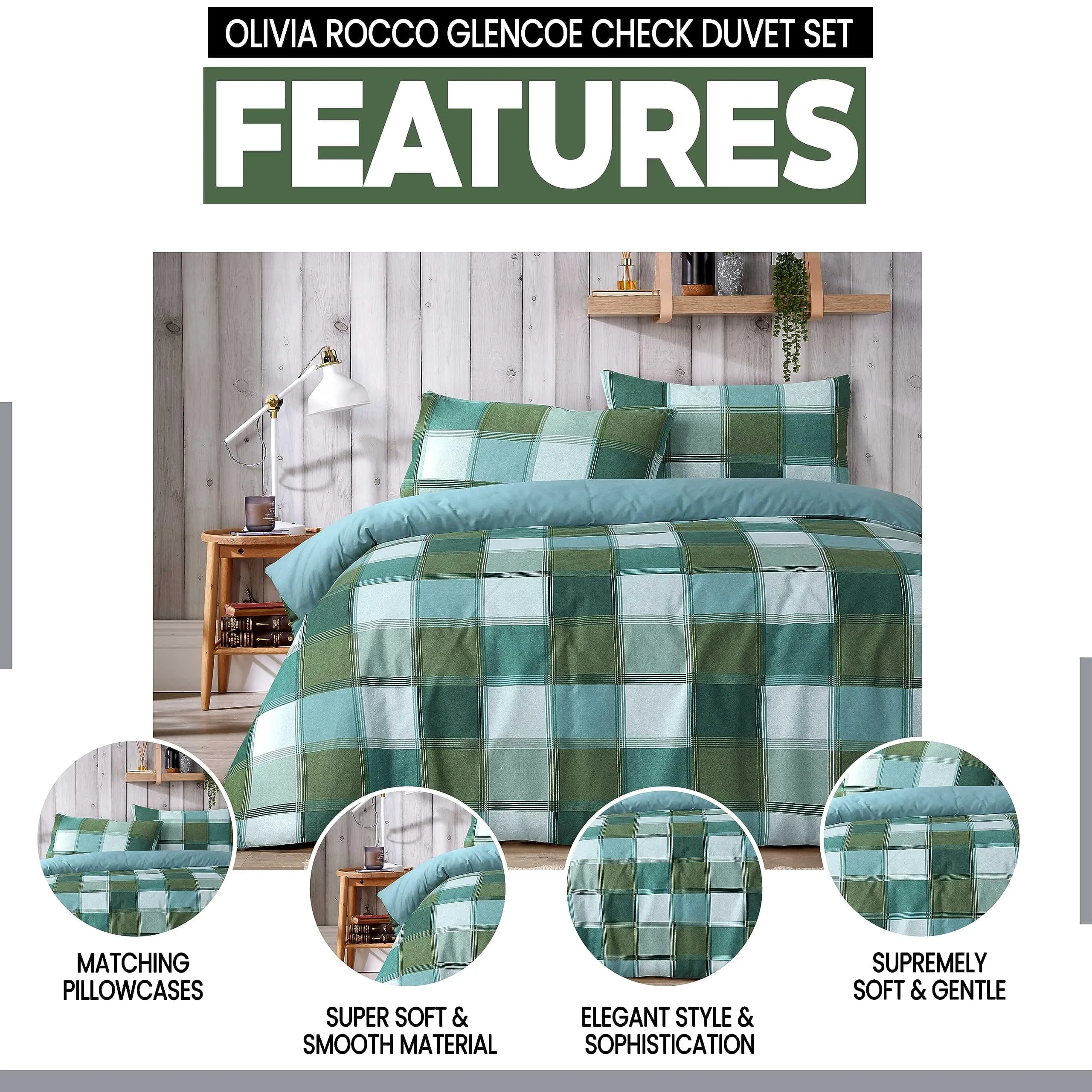 Glencoe Reversible Check Duvet Cover Set with Pillowcases Classic Polycotton Bedding Available in Single Double King Sizes by OLIVIA ROCCO