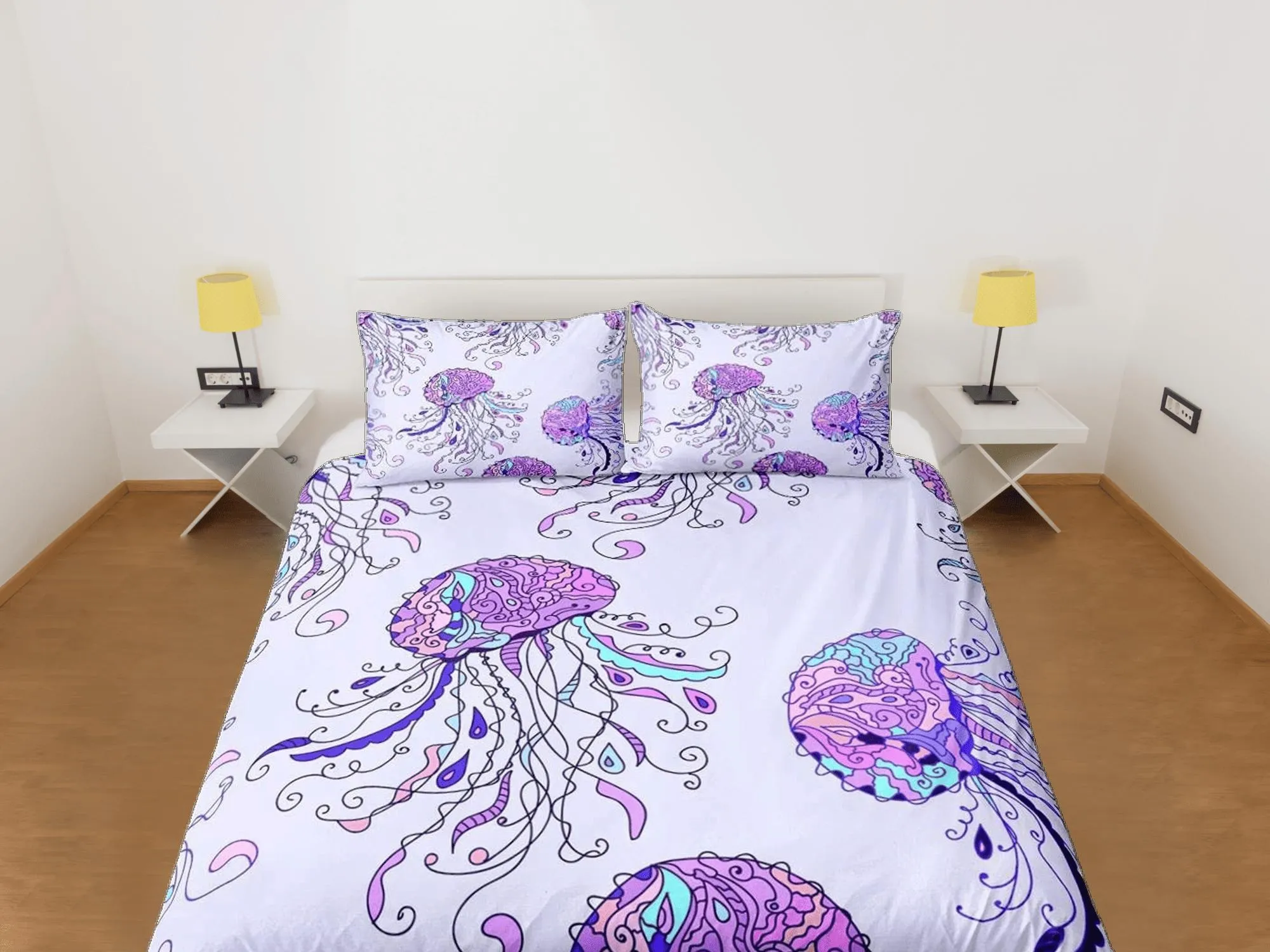 Hand drawn jellyfish bedding lavender purple duvet cover, ocean blush sea animal bedding set full king queen twin crib toddler, dorm bedding