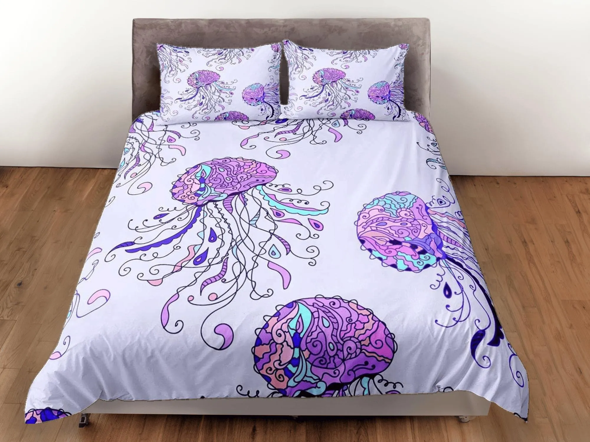 Hand drawn jellyfish bedding lavender purple duvet cover, ocean blush sea animal bedding set full king queen twin crib toddler, dorm bedding