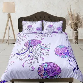 Hand drawn jellyfish bedding lavender purple duvet cover, ocean blush sea animal bedding set full king queen twin crib toddler, dorm bedding