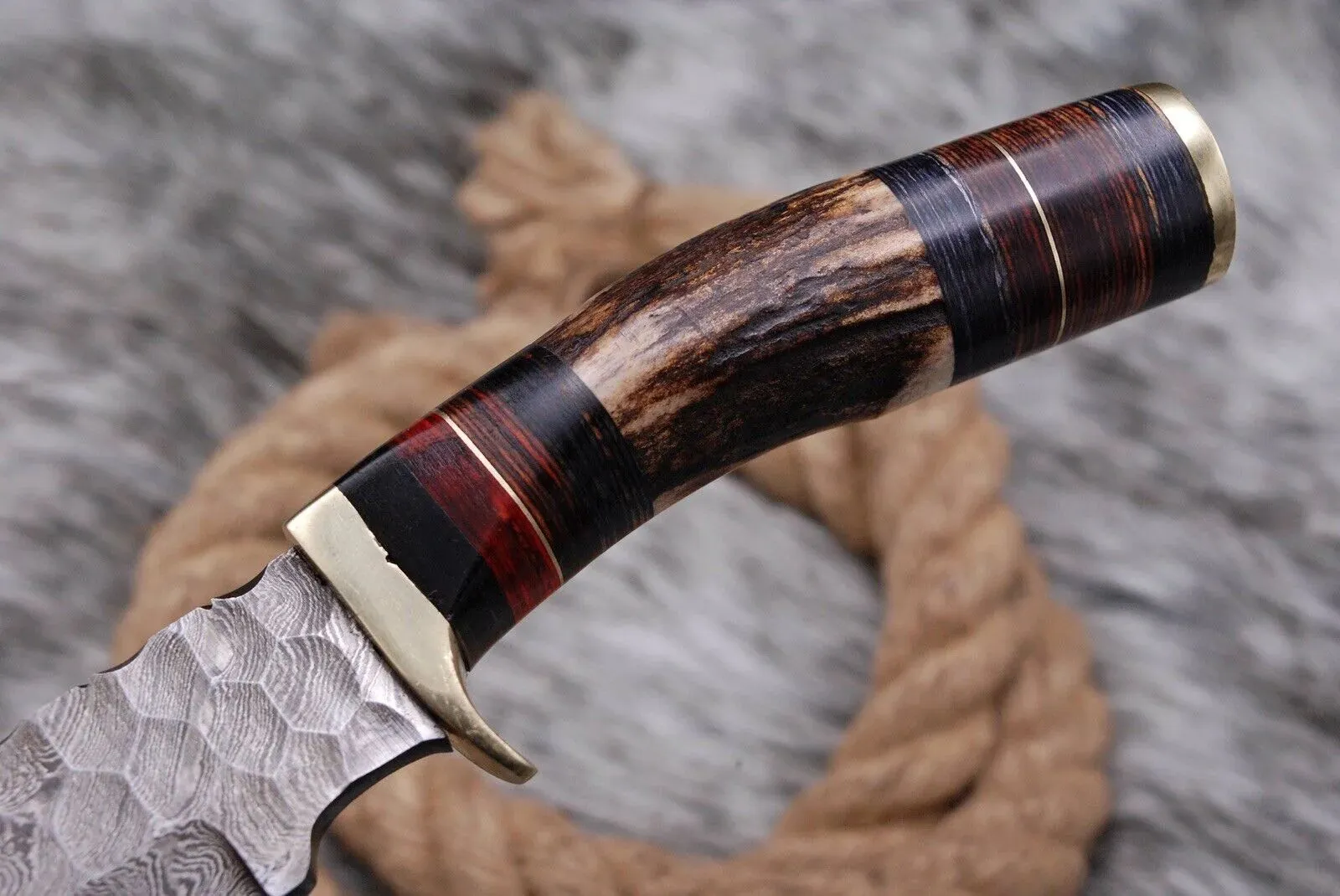 Handmade Forged Damascus Steel Kitchen Utility Knife with Deer Stag Antler Handle and Leather Sheath