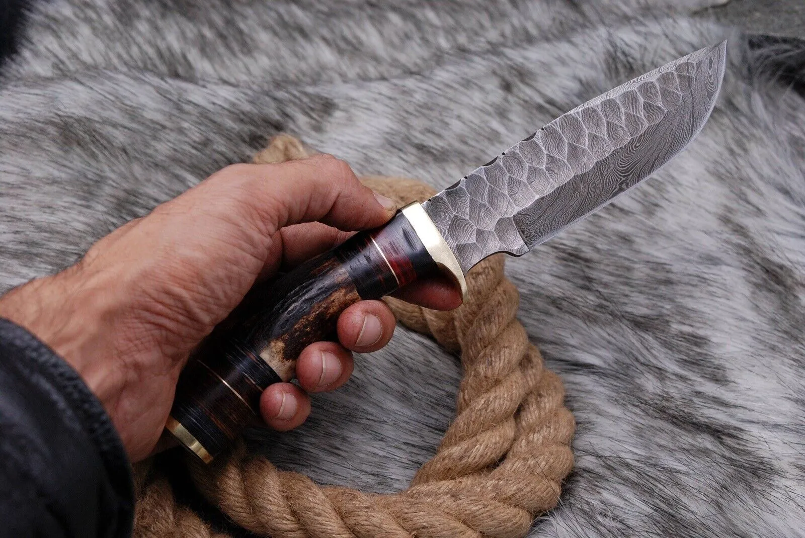 Handmade Forged Damascus Steel Kitchen Utility Knife with Deer Stag Antler Handle and Leather Sheath