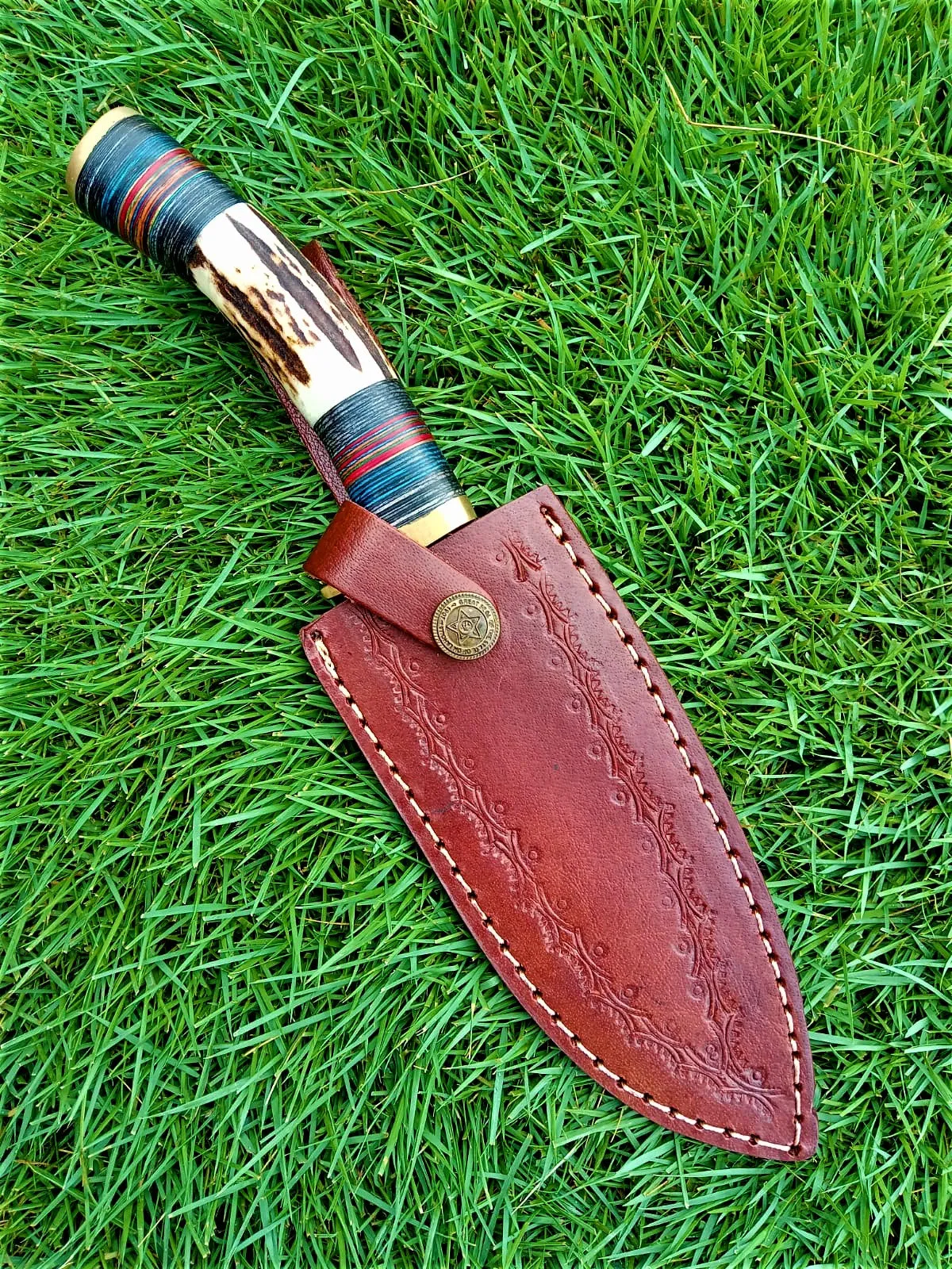 Handmade Forged Damascus Steel Kitchen Utility Knife with Deer Stag Antler Handle and Leather Sheath