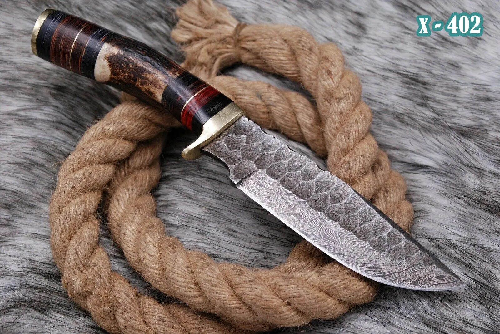 Handmade Forged Damascus Steel Kitchen Utility Knife with Deer Stag Antler Handle and Leather Sheath