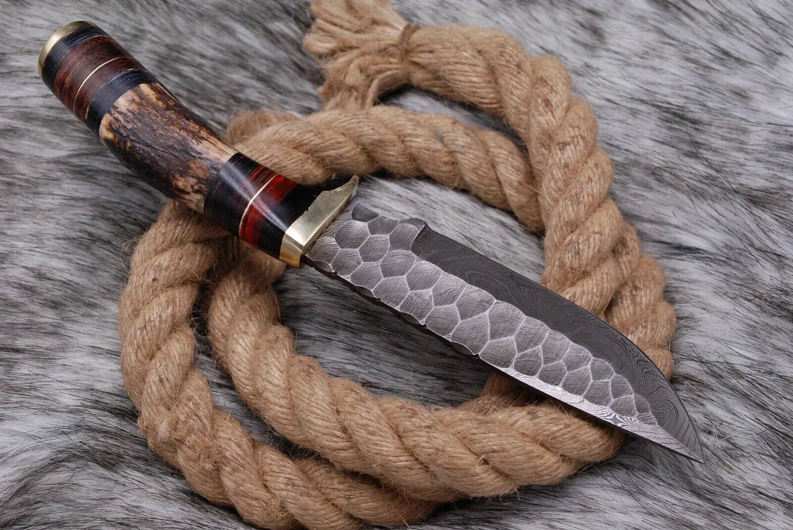 Handmade Forged Damascus Steel Kitchen Utility Knife with Deer Stag Antler Handle and Leather Sheath