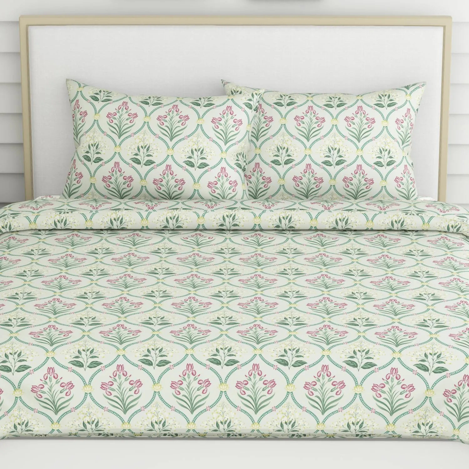 haus & kinder 100% Cotton Bed Sheet for King Size Bed, 1 King Size Bedsheet Cotton (108 X 108 Inches) with 2 Pillow Covers | 186 TC Bedsheet for Double Bed King Size | Green Blossom