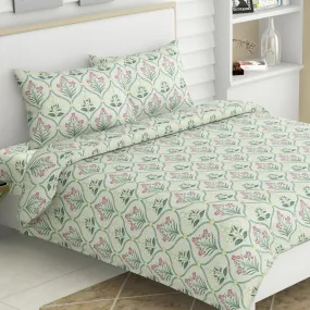 haus & kinder 100% Cotton Bed Sheet for King Size Bed, 1 King Size Bedsheet Cotton (108 X 108 Inches) with 2 Pillow Covers | 186 TC Bedsheet for Double Bed King Size | Green Blossom