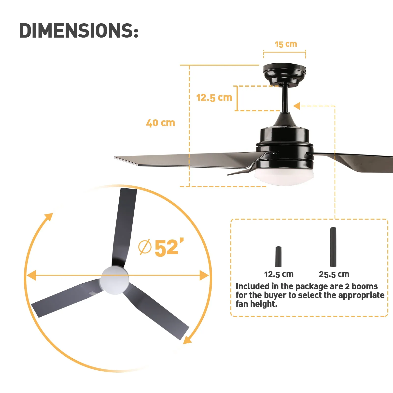 HONOLULU 132cm / 52 inch 3 Blade DC Modern Ceiling Fan with LED light 4000K Black