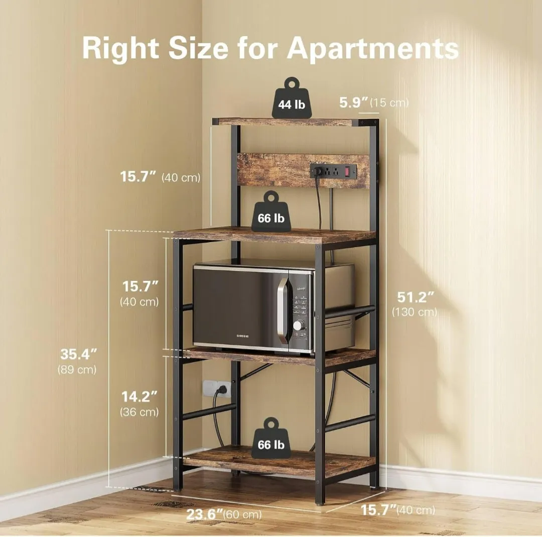 (Household) Anycoo Bakers Rack with 3 Power Outlets/4-Tier Kitchen Microwave Stand with Storage/Coffee Bar Table/Freestanding