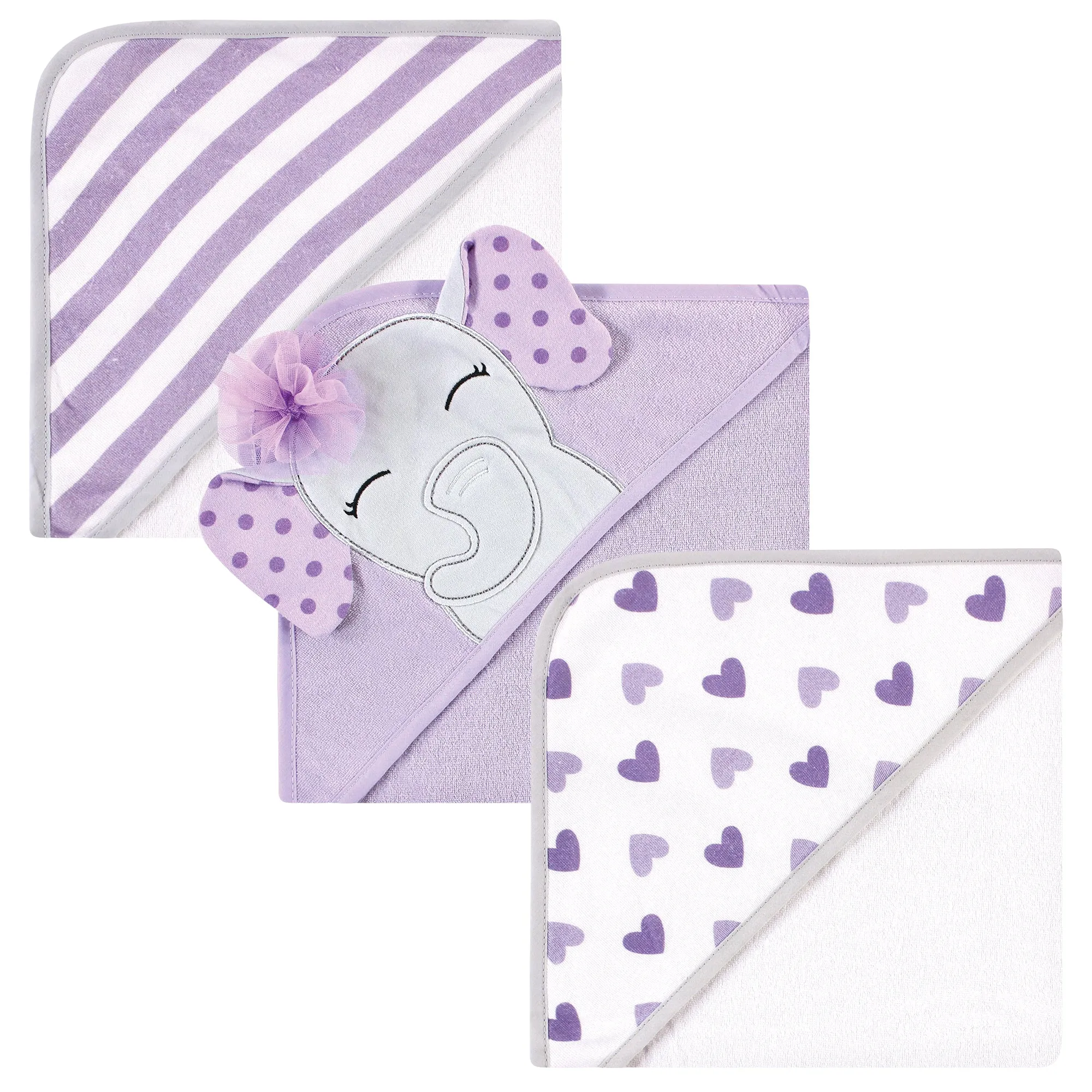 Hudson Baby Cotton Rich Hooded Towels, Purple Dots Pretty Elephant