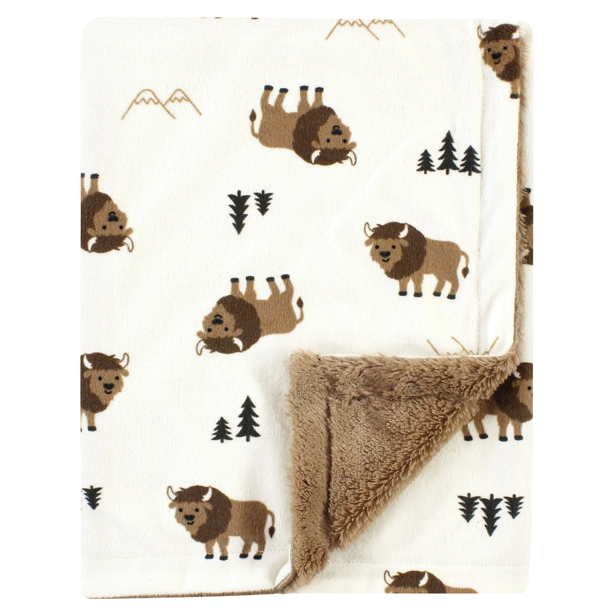 Hudson Baby Plush Blanket with Furry Binding and Back, Wild Buffalo