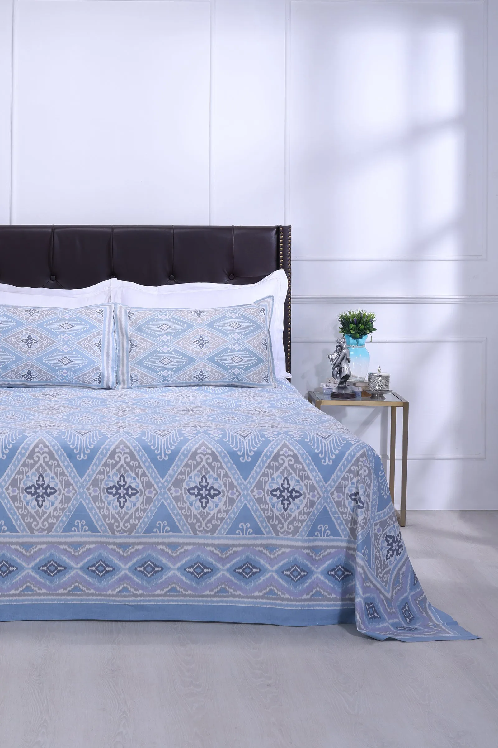 Ikat Paan New Blue Cotton Bedsheet