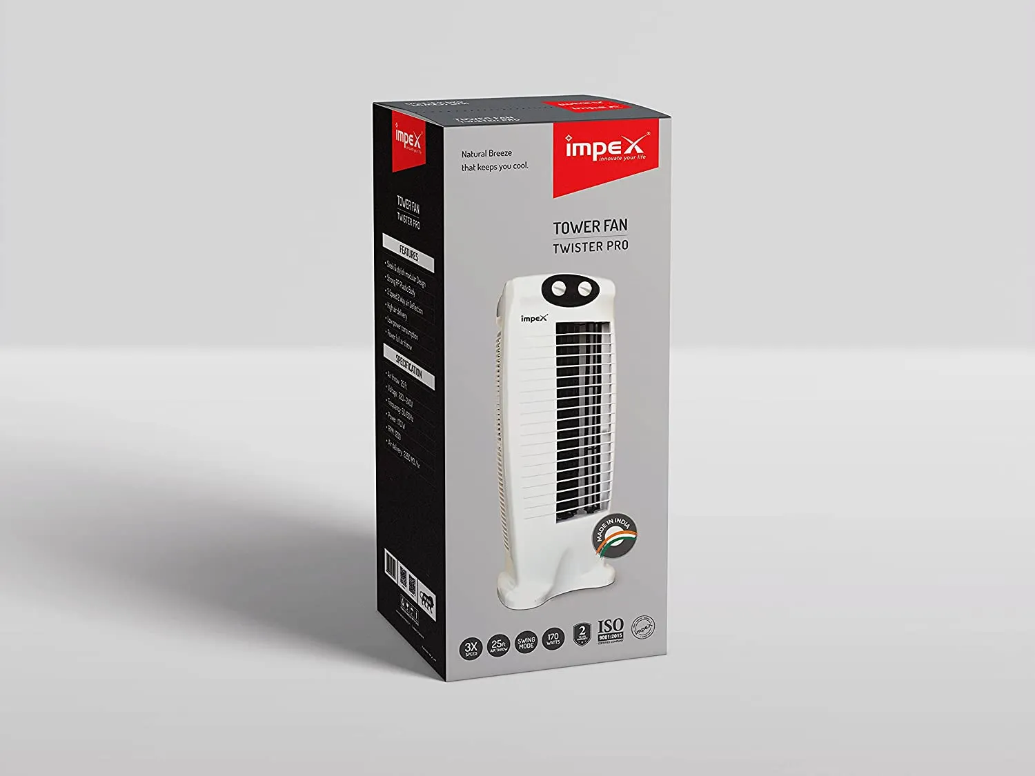 Impex TWISTER PRO 170W 1200 RPM Tower Fan with 2 Speed Control Swing Mode 2 years Warranty, White