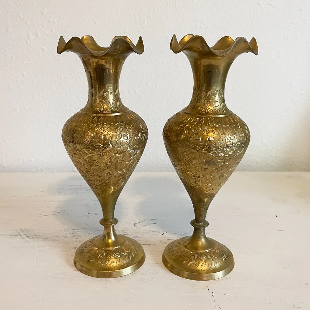 India Etched Brass Vases - Set of 2 - Vintage