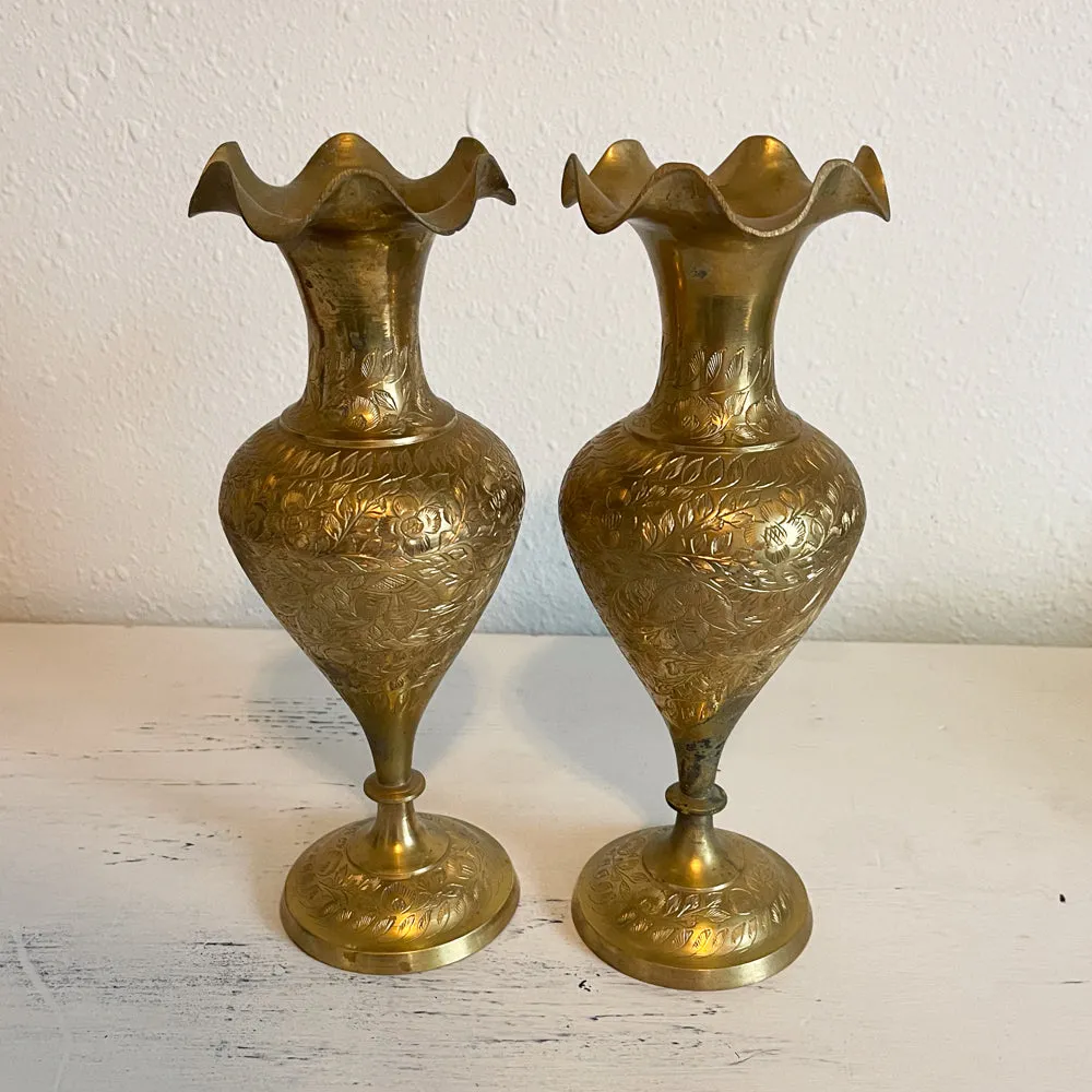 India Etched Brass Vases - Set of 2 - Vintage