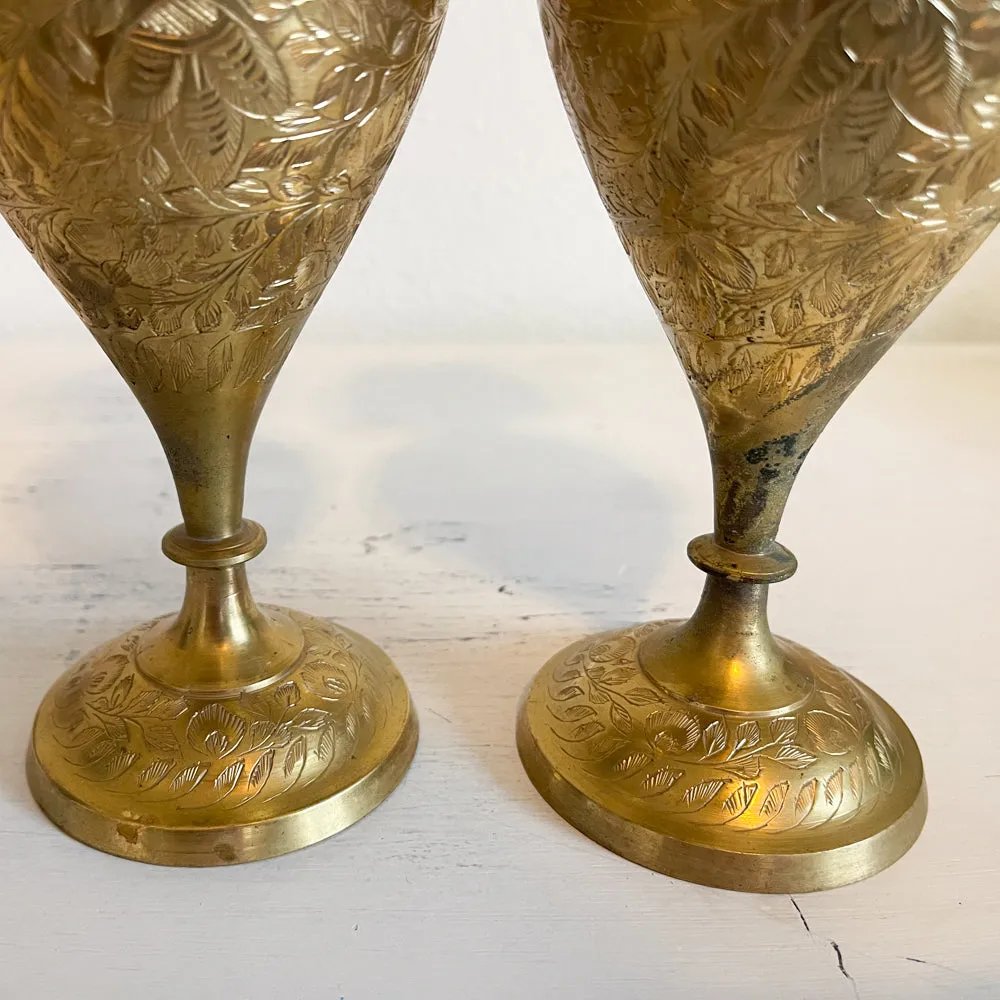 India Etched Brass Vases - Set of 2 - Vintage