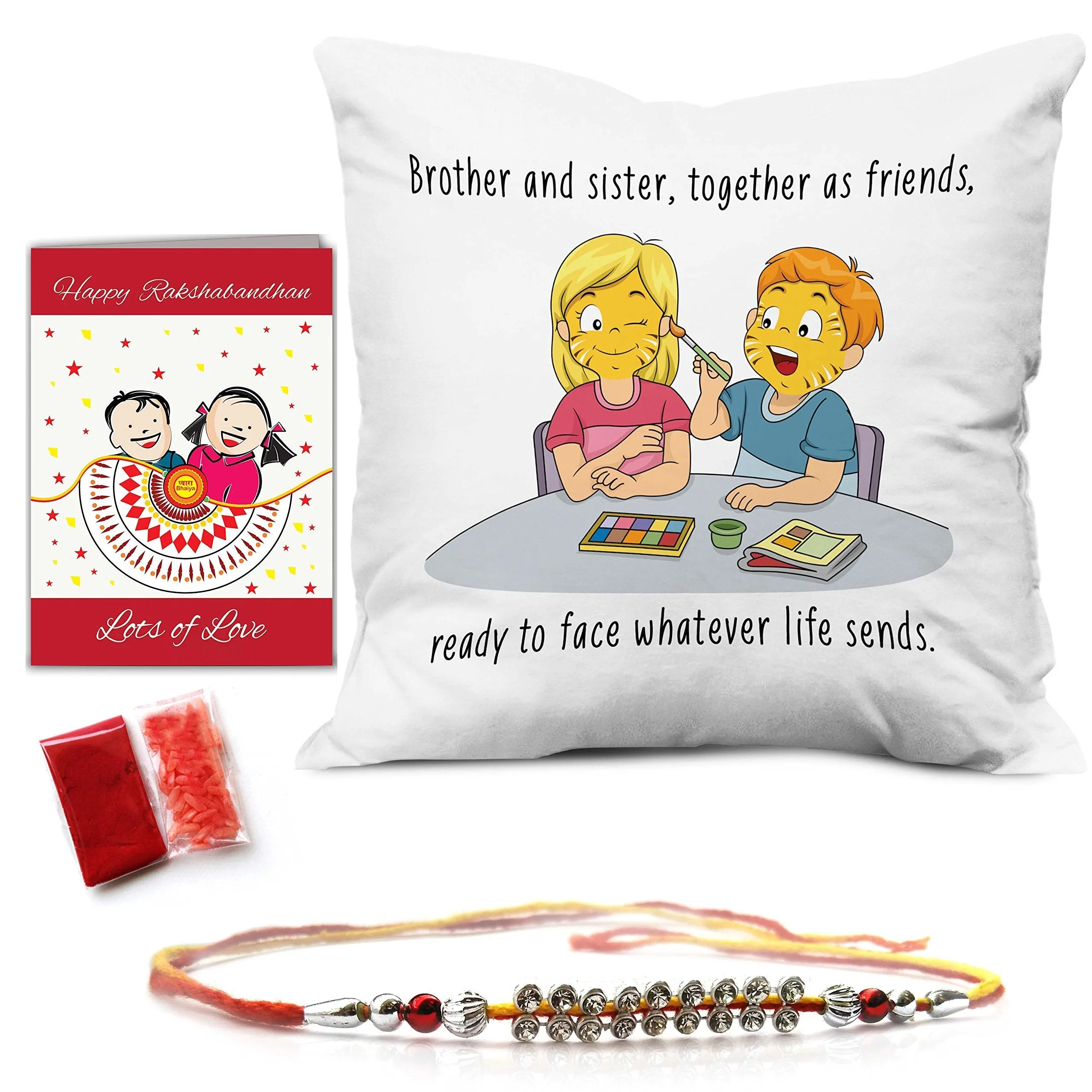 Indigifts Siblings As Best Friends Quote Printed Cushion Cover 12"X12" with Filler, Crystal Rakhi,Roli, Greeting Card for Men/Boys