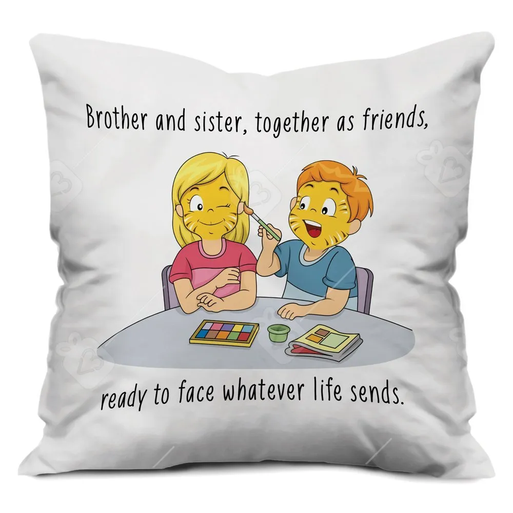 Indigifts Siblings As Best Friends Quote Printed Cushion Cover 12"X12" with Filler, Crystal Rakhi,Roli, Greeting Card for Men/Boys