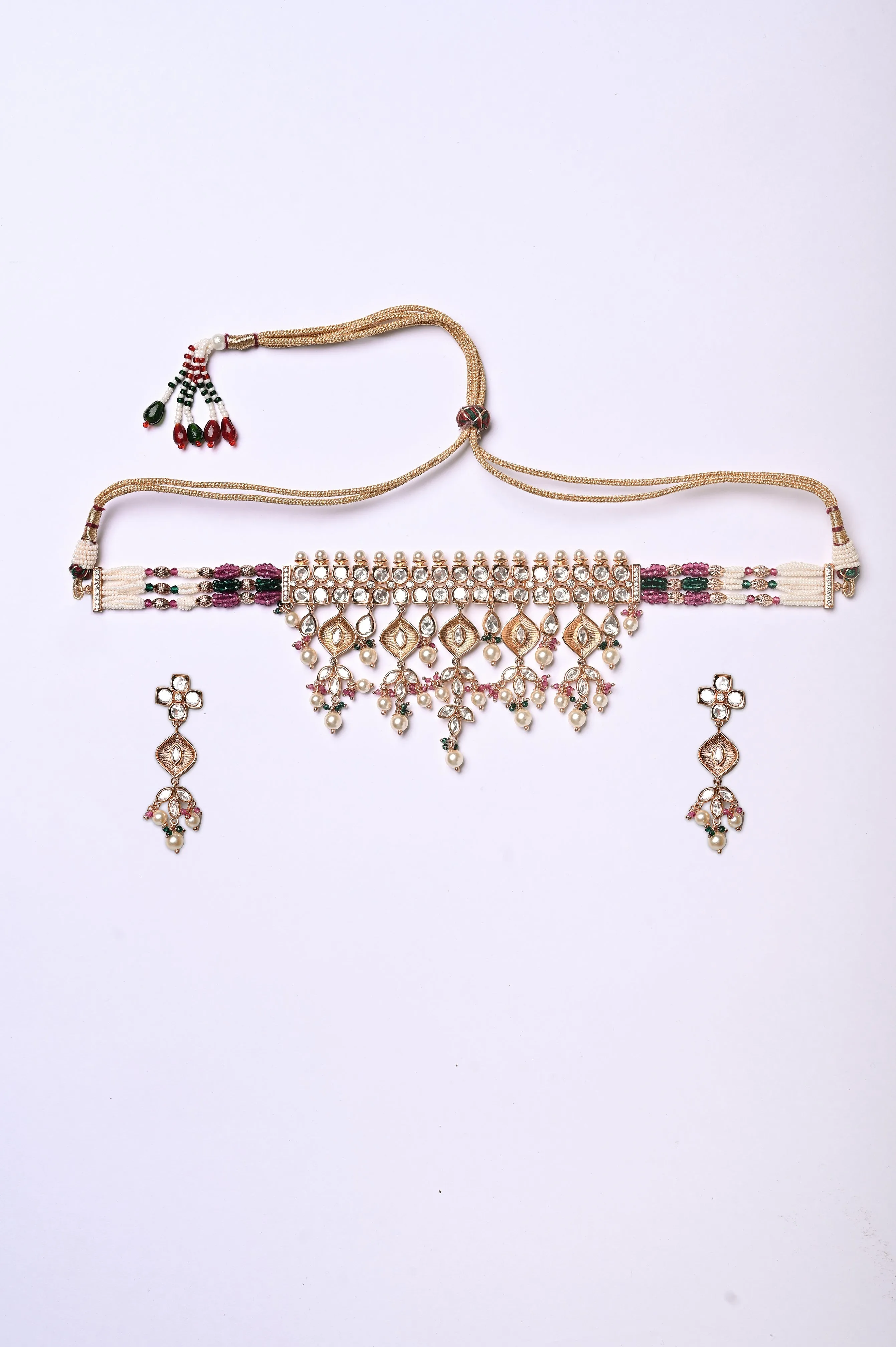 Jharoka Kundan Choker Necklace Set with Pearl Work