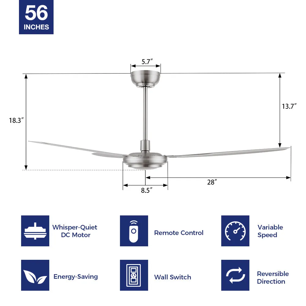 Kade 56 inch DC Motor Ceiling Fan with Remote and Wall Switch(NO LED)