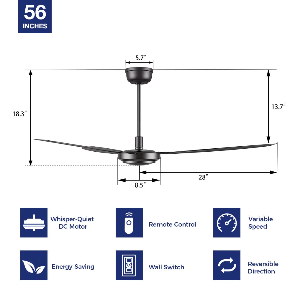 Kade 56 inch DC Motor Ceiling Fan with Remote and Wall Switch(NO LED)