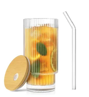 KiKiluxxa Stackable Glass Sipper Bottle with Wooden Lid and Glass Straw - Kids Tumbler for Fruit Juice Milk Cup Green Tea and Coffee Mug with Lid and Straw - Pack of 1 (MBZ City Can 1)