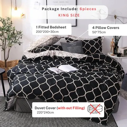 King size bedding set of 6 pieces, Black geometric design.