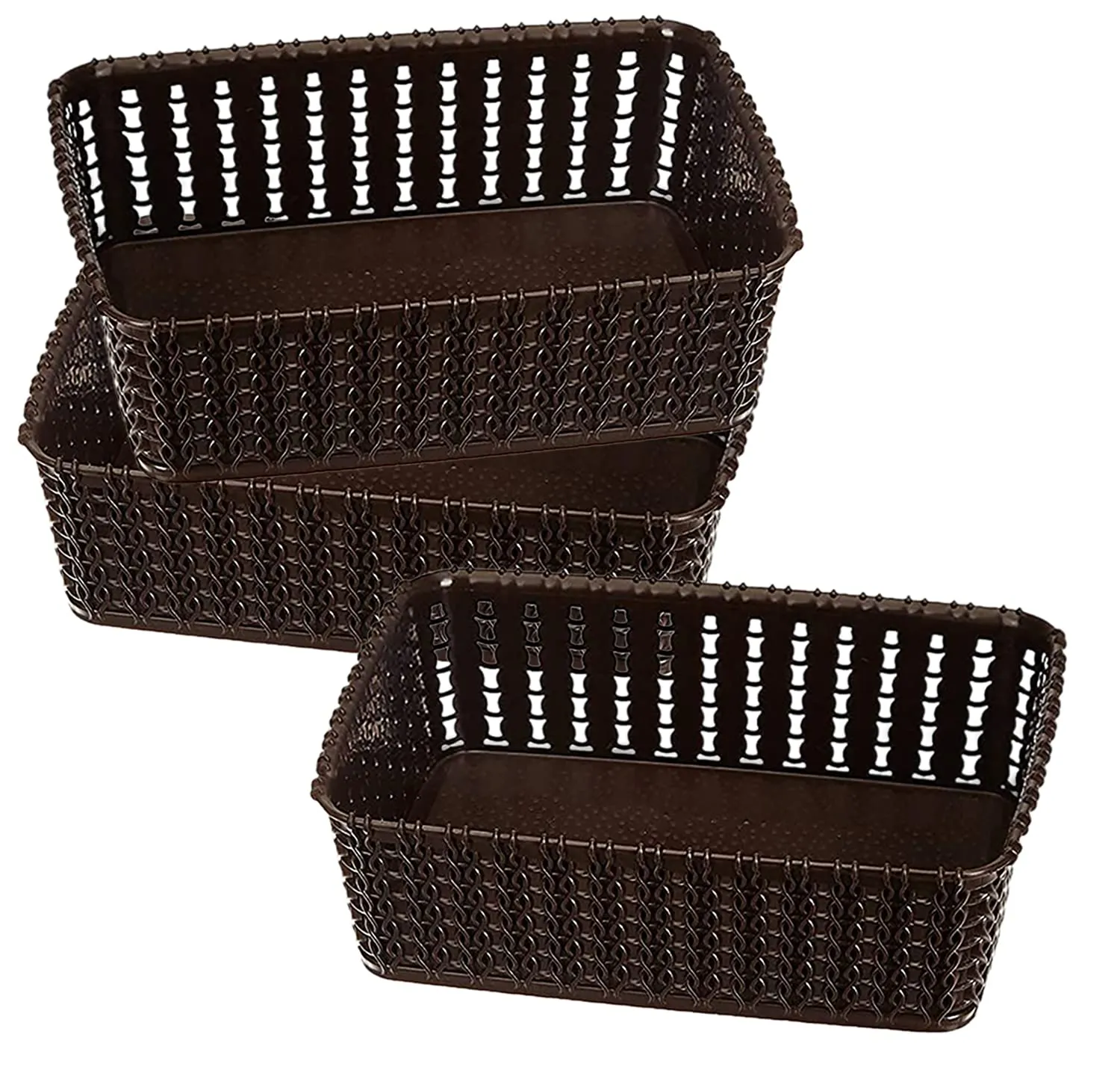 Kuber Industries Multiuses Small M 15 Plastic Tray/Basket/Organizer Without Lid- Pack Of 3 (Brown) -46Km0113, Rectangular