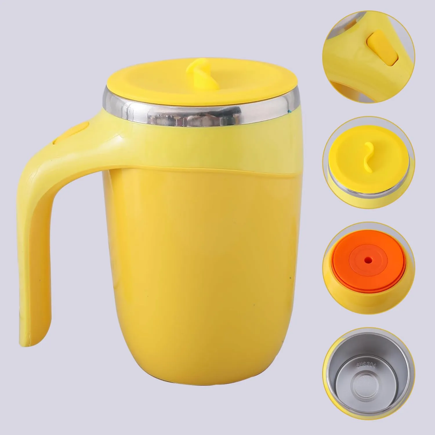 Kuber Industries Pack of 4 Anti-Fall Insulated Coffee Mug with Suction Bottom | Leak-Proof Stainless Steel Tumbler | Coffee Mug with Lid and Handle | 500 ML | Yellow