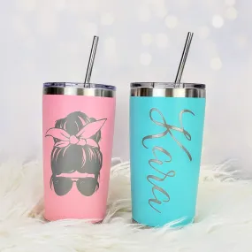 Laser Engraved Messy Bun Mom Tumbler with Script Name on side