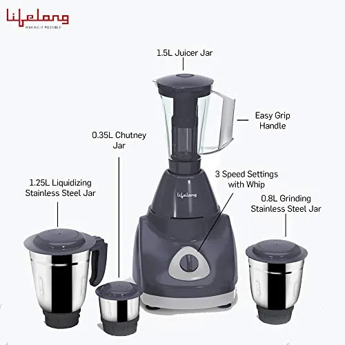 Lifelong Power VX 750Watt Juicer Mixer Grinder, 3 Stainless Steel Jar 1 Juicer Jar (Grey)